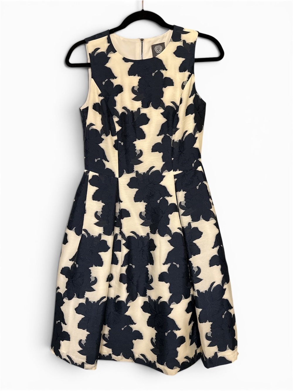 Vince Camuto Cream and Navy Floral A-Line Midi Dress